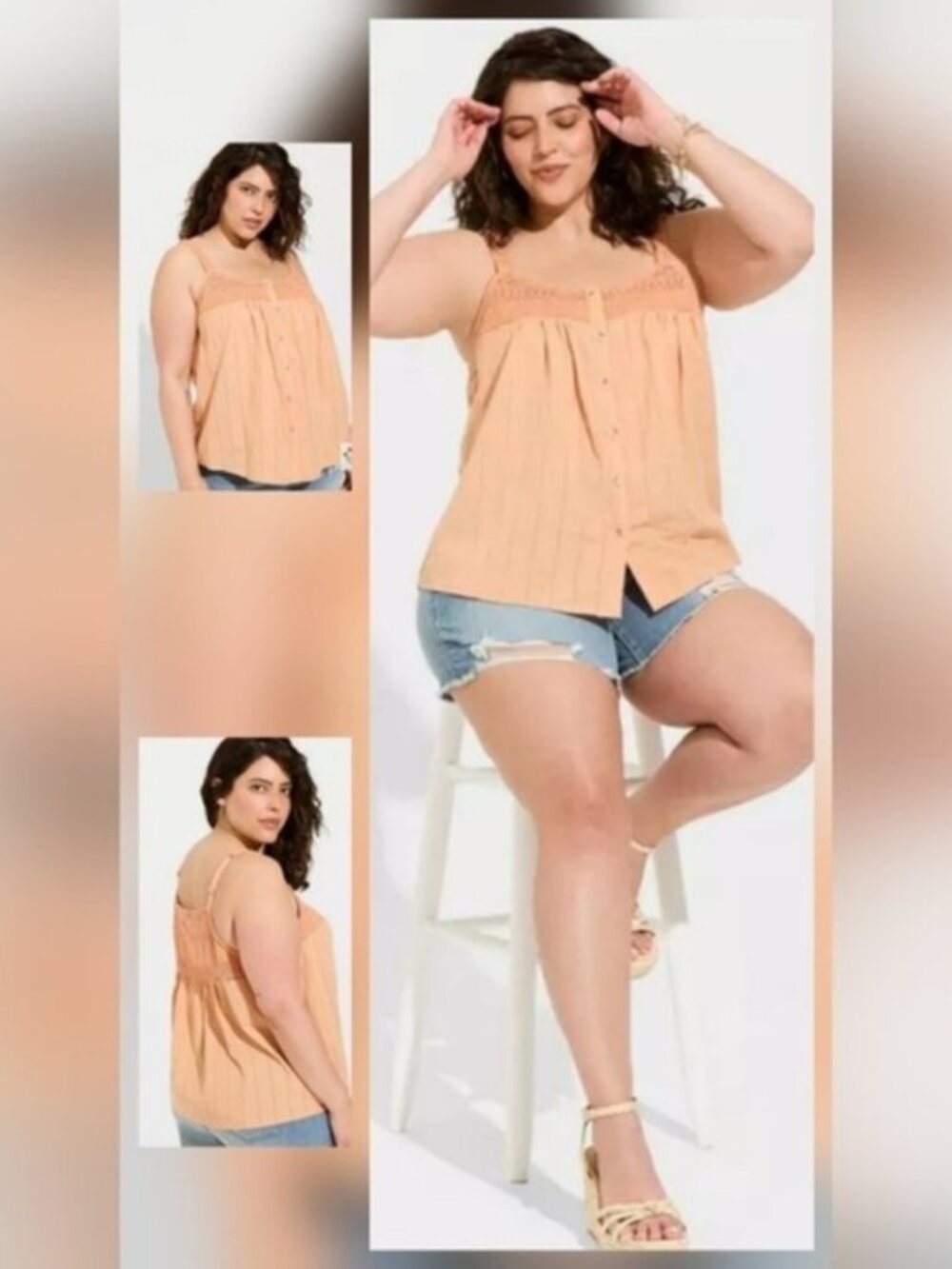 Torrid SZ 3 Peach Cotton Button Up Embroidered Crochet Tank Boxy Loose Fit